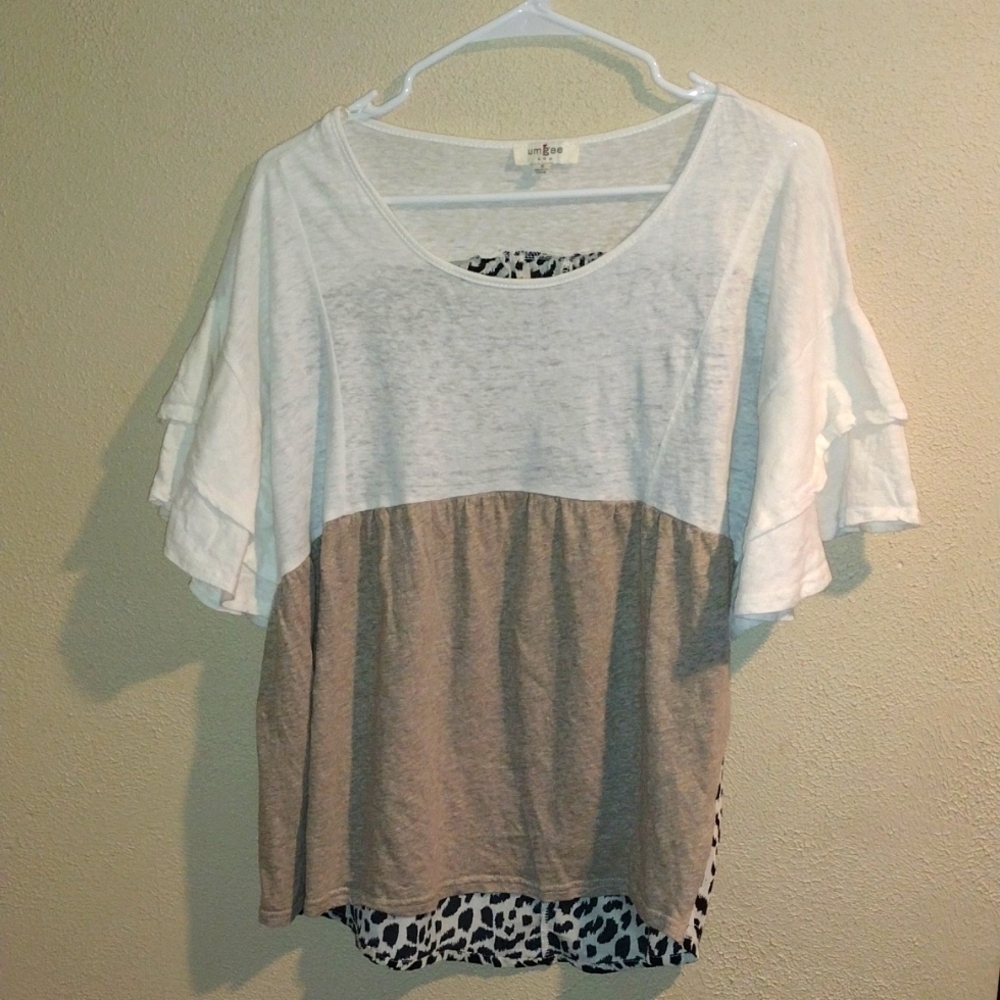 Umgee Linen Blend Leopard Print Short Sleeve Top S - image 1